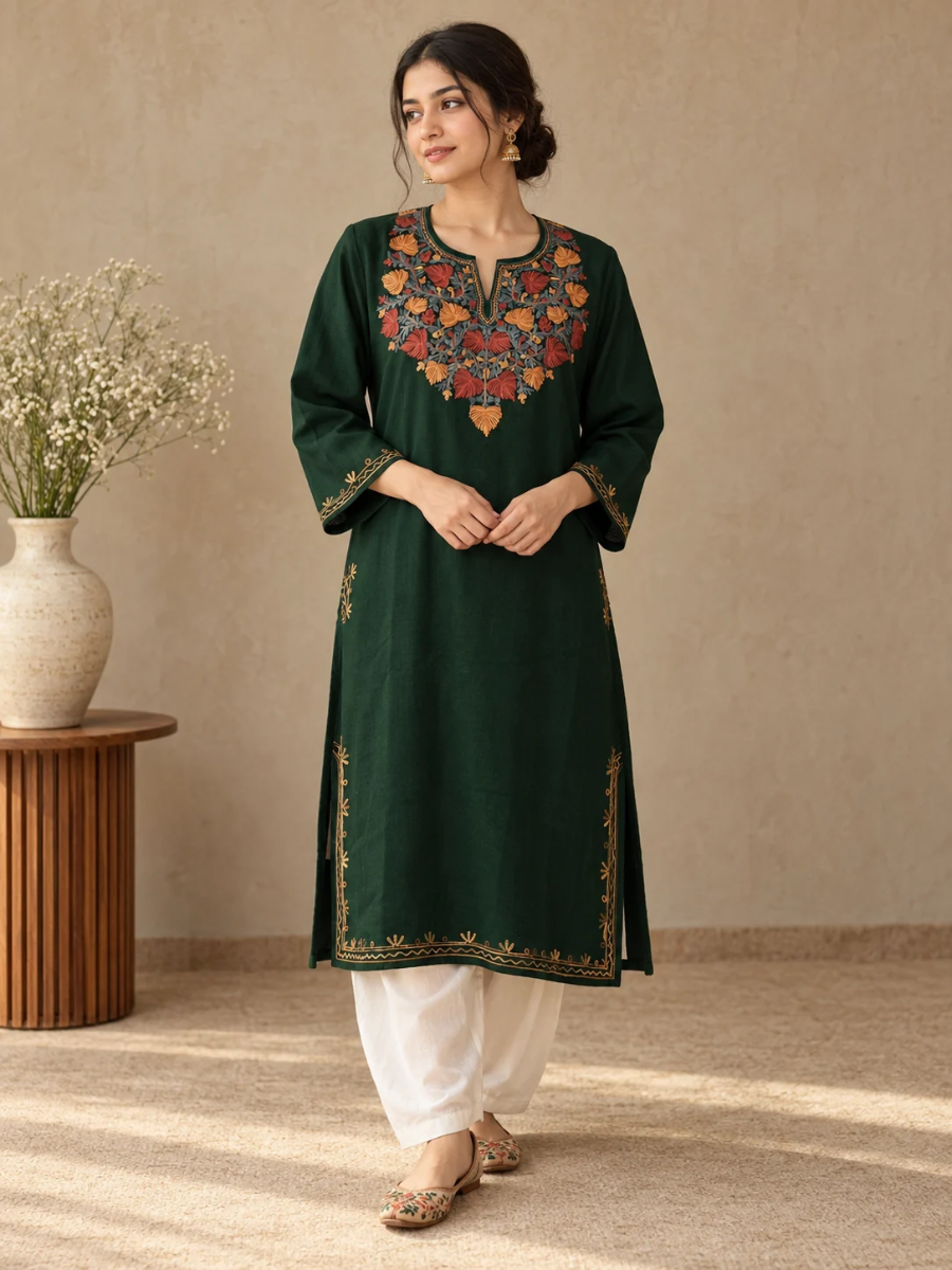 Bottle Green Kashmiri Pheran with Powder Blue & Pink Chinar Embroidery | Aari Embroidered Wool Phiran