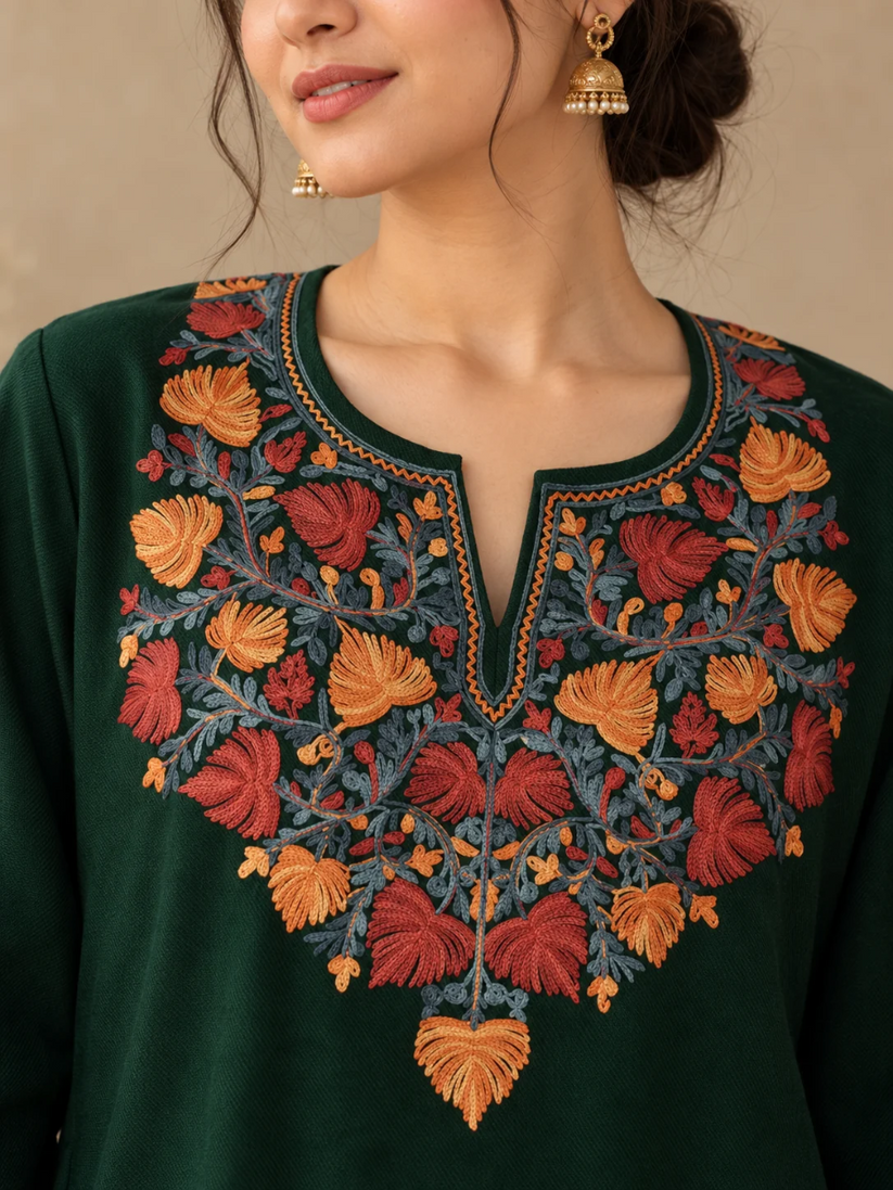 Bottle Green Kashmiri Pheran with Powder Blue & Pink Chinar Embroidery | Aari Embroidered Wool Phiran
