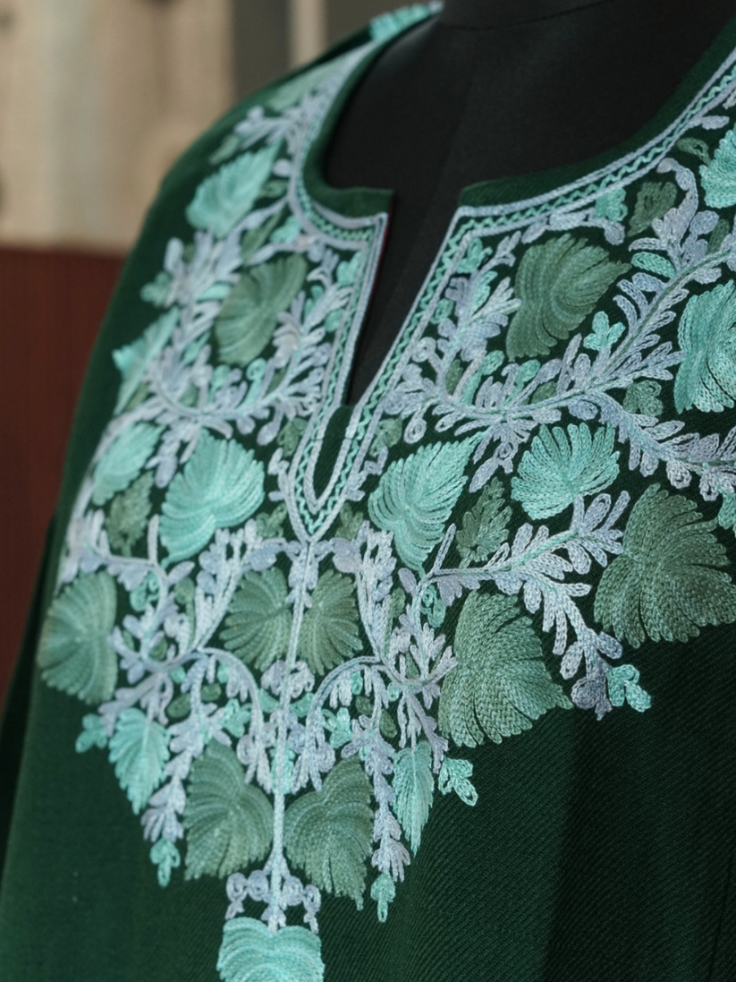 Bottle Green Kashmiri Pheran with Powder Blue & Pink Chinar Embroidery | Aari Embroidered Wool Phiran