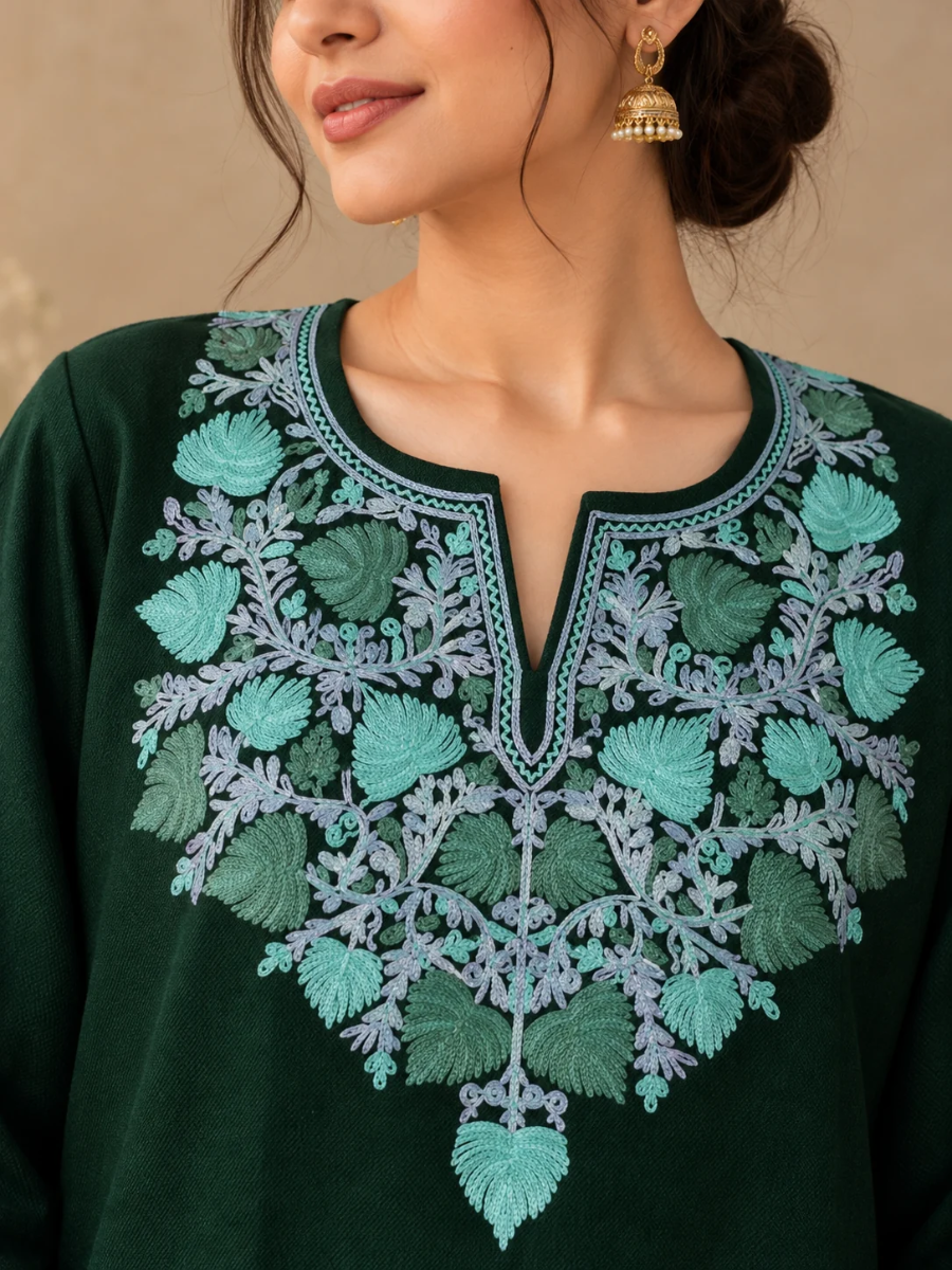 Bottle Green Kashmiri Pheran with Powder Blue & Pink Chinar Embroidery | Aari Embroidered Wool Phiran