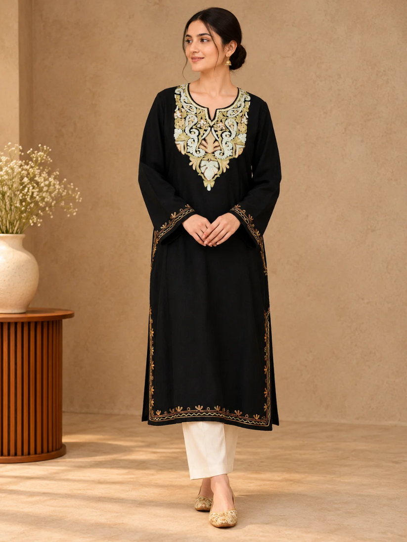 Black Kashmiri Pheran with Sky Blue & Olive Paisley Embroidery | Aari Embroidered Wool Phiran (Copy)