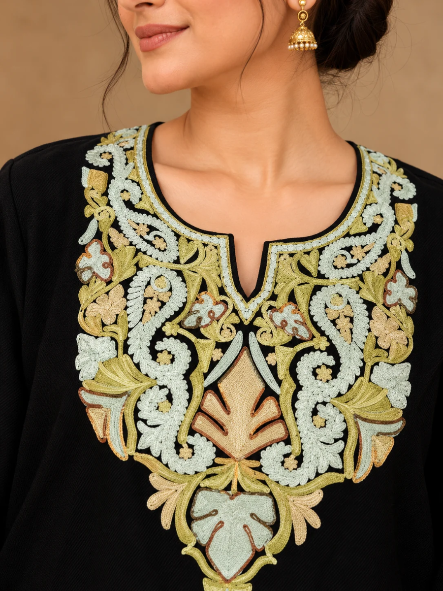Black Kashmiri Pheran with Sky Blue & Olive Paisley Embroidery | Aari Embroidered Wool Phiran (Copy)