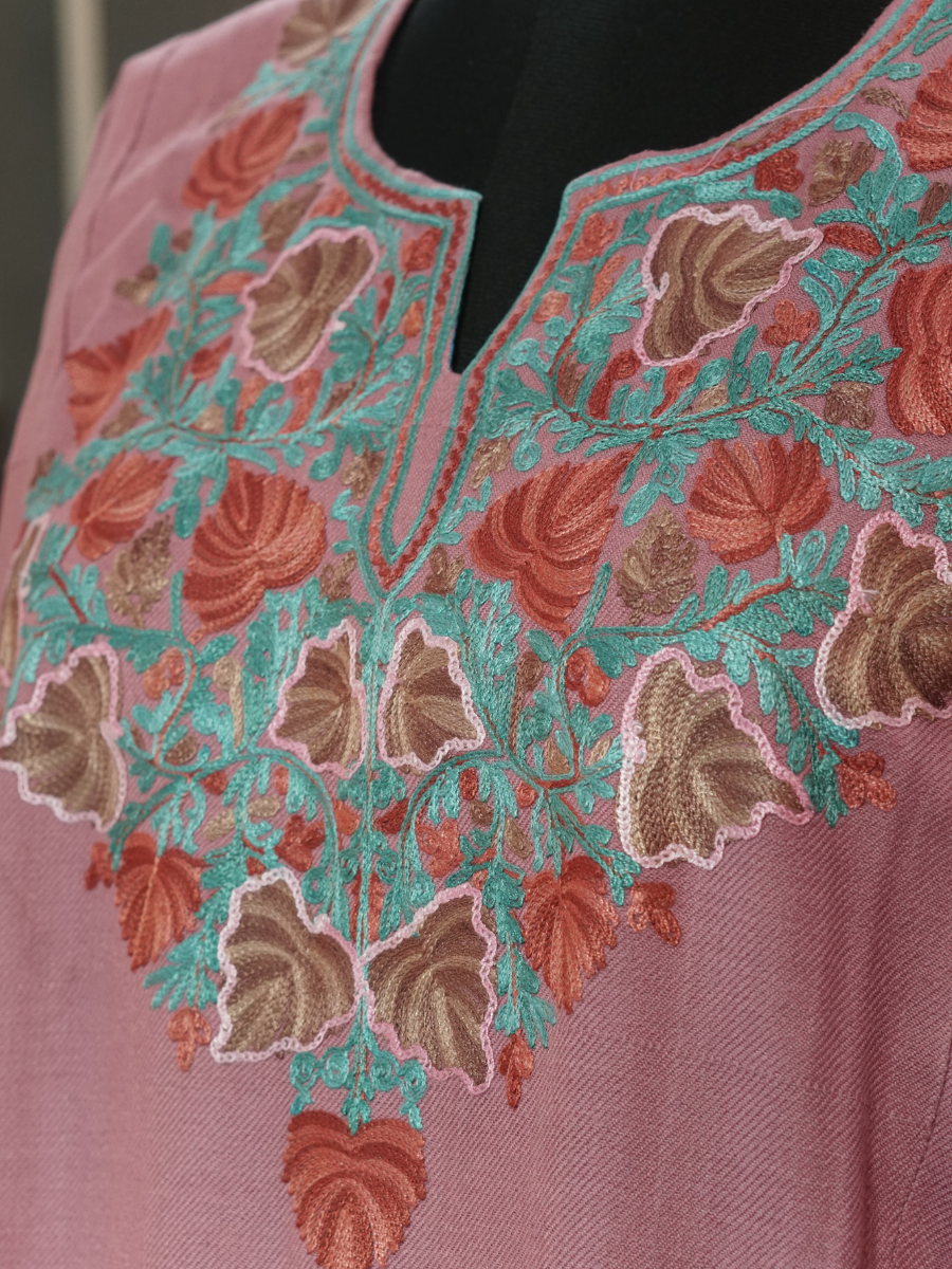 Rose Pink Kashmiri Pheran with Grey & Rust Floral Embroidery – KAARKASH