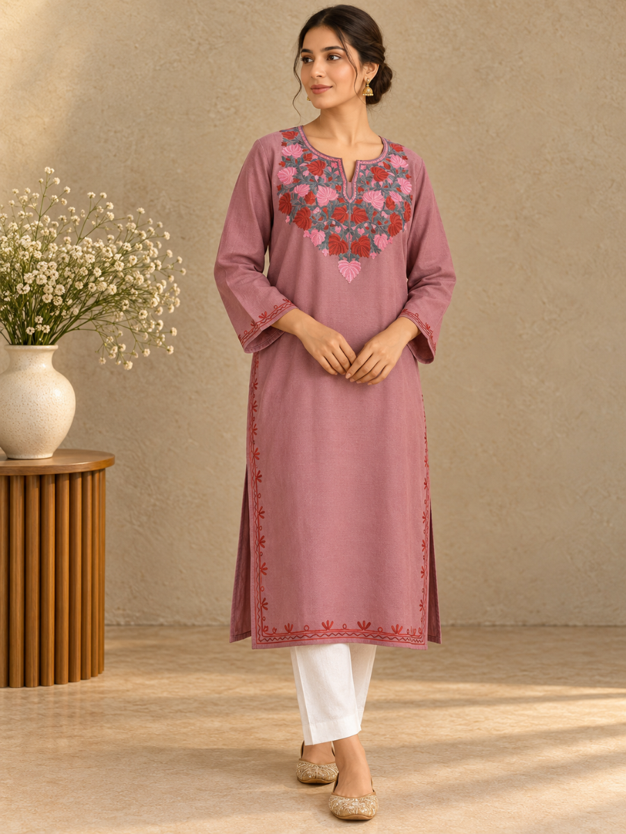 Rose Pink  Kashmiri Pheran with Floral Embroidery | Aari Embroidered Wool Phiran