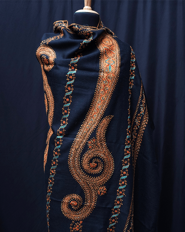 Navy Blue Tusha Shawl with Sozni Handwork Embroidery